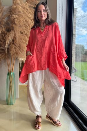 Made in Italy Sandbar Linen Dip Side Artist Blouse Watermelon